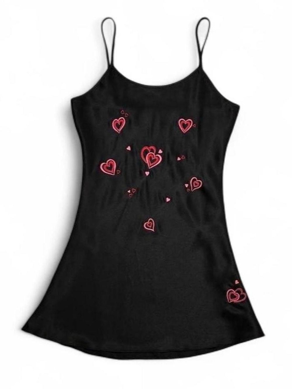 Vintage 90s Satin Mini Slip Dress with Pink Embroidered Hearts by Inner Most